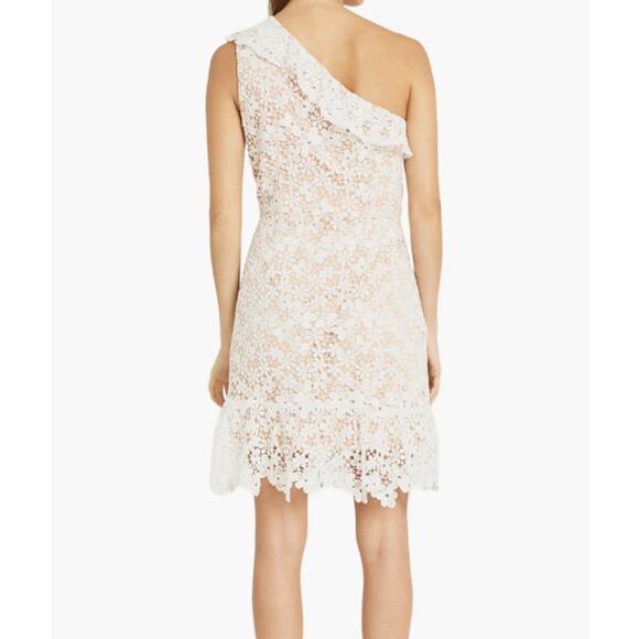 Donna Morgan White Floral Crochet Tan Lined One Shoulder Ruffle Mini Dress Sz 8 - Picture 2 of 13